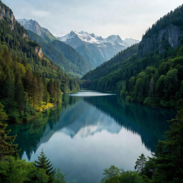 A quiet blue-green lake framed by wooded slopes and distant Alpine mountains.