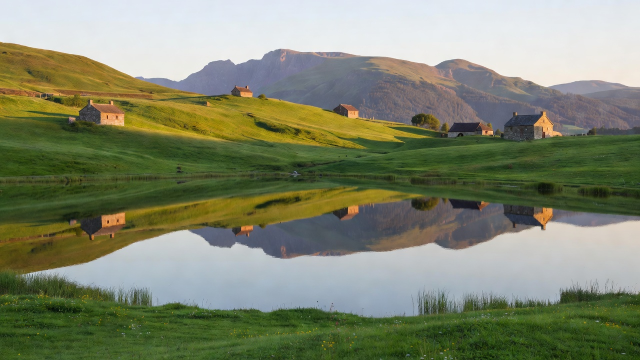 A rural landscape of green slopes, scattered buildings and mountains reflected in still water.