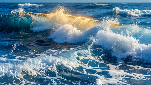 Blue coastal water with sunlight catching the white foam of breaking waves.
