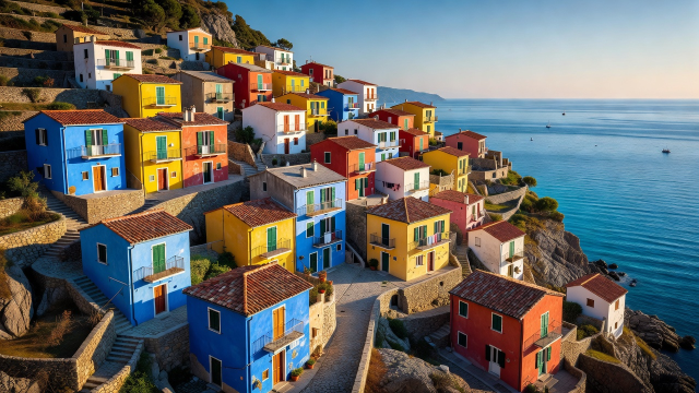 Colourful village houses clustered on a steep hillside above the Mediterranean coast.