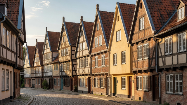 Traditional European town buildings with closely spaced façades and steeply pitched roofs.